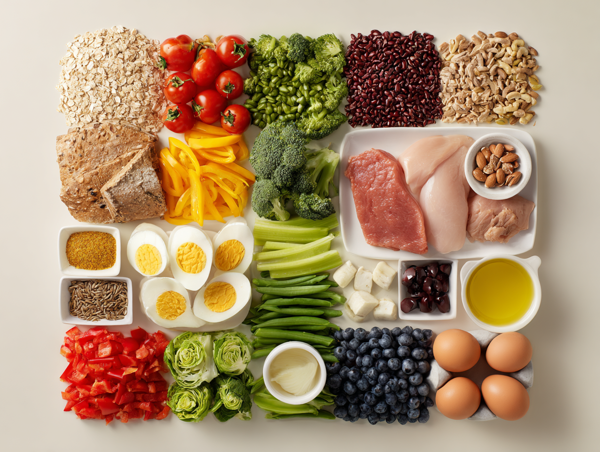 Сім'я готує разом здорову їжу на кухні, різноманітні свіжі продукти на столі